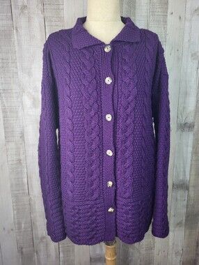 Aran Crafts Ireland Purple Wool Cable-Knit Button Cardigan. Size XL